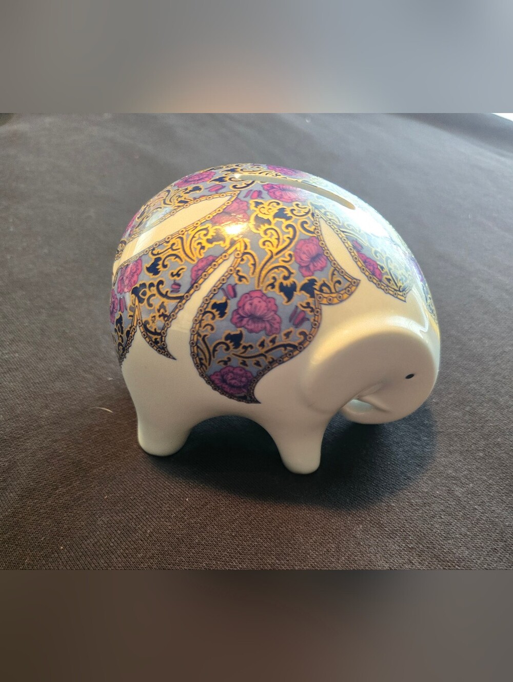 Hand Painted Thai Benjarong Ceramic Elephant Piggy Bank Gilt Gold Purple EUC